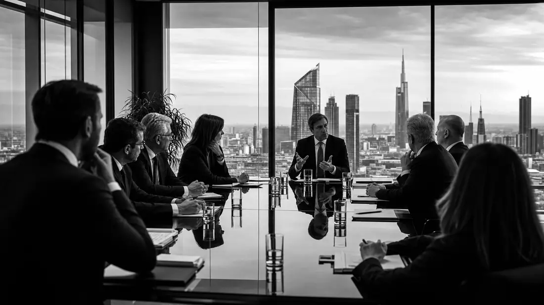S/W-Reportage: Bankvorstand am Glastisch, Mailänder Hochhaus-Skyline im Hintergrund
