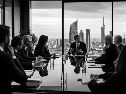 UniCredit IT0005239360 – schwarz-weiße Reportage-Fotografie einer Bankenvorstand-Konferenz am Glastisch mit Mailänder Skyline im Hintergrund - Foto: THN