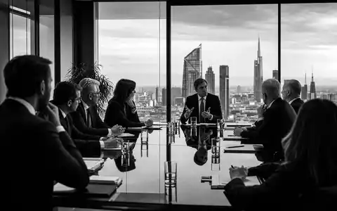 UniCredit IT0005239360 – schwarz-weiße Reportage-Fotografie einer Bankenvorstand-Konferenz am Glastisch mit Mailänder Skyline im Hintergrund - Foto: THN