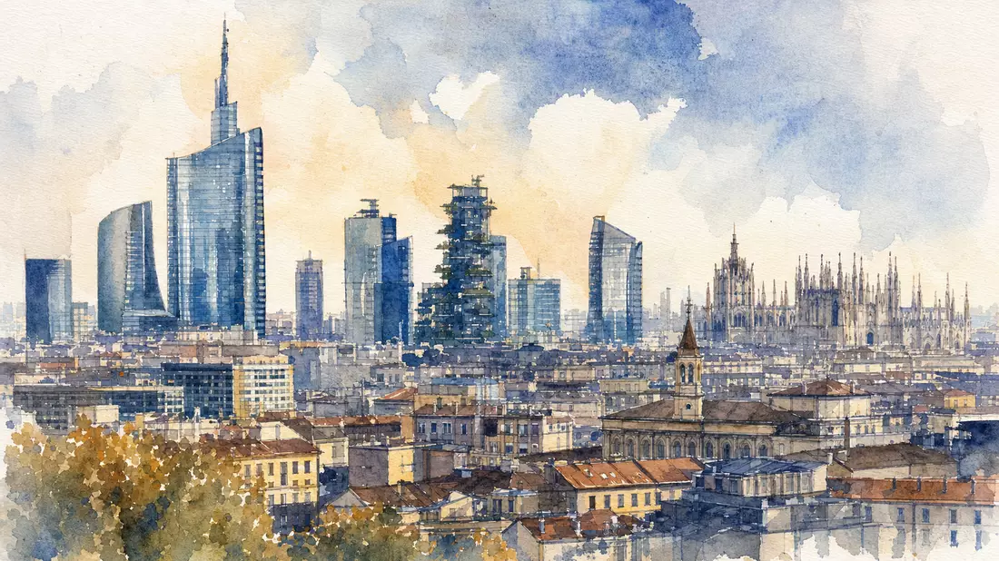 Aquarell-Illustration Mailand-Skyline mit Wolkenkratzern und Mailänder Dom