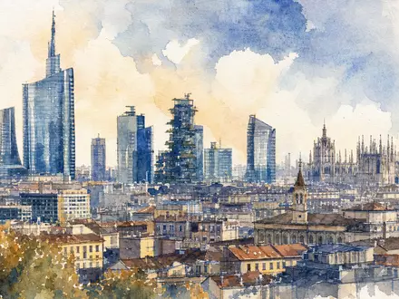 UniCredit IT0005239360 – Aquarell der Mailänder Skyline mit Hochhäusern und Duomo-Spitzen in Blautönen - Foto: THN