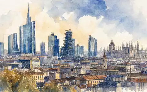 UniCredit IT0005239360 – Aquarell der Mailänder Skyline mit Hochhäusern und Duomo-Spitzen in Blautönen - Foto: THN