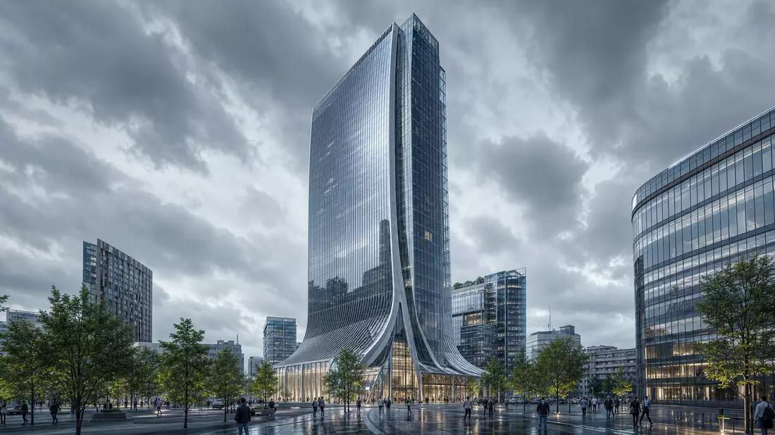 Futuristischer CGI-Render: moderner Bankturm mit Glasfassade im Mailänder Stadtbild