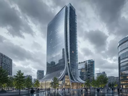 UniCredit IT0005239360 – futuristischer Architektur-Render eines Glas-Bankturms in Mailand mit parametrischer Fassade - Foto: THN