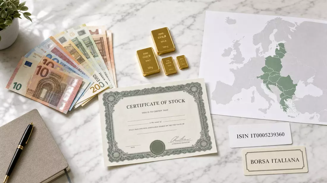 Flatlay: Euro-Banknoten, Goldbarren, Aktienzertifikat und Europa-Karte auf Marmor