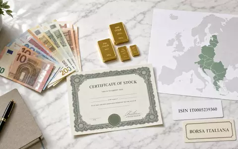 UniCredit IT0005239360 – Flatlay mit Euro-Scheinen, Goldbarren, Aktien-Zertifikat, Europa-CEE-Karte und ISIN-Karte auf weißem Marmor - Foto: THN