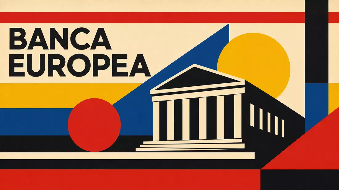 Bauhaus-Poster mit Bankgebäude-Silhouette und Schriftzug BANCA EUROPEA