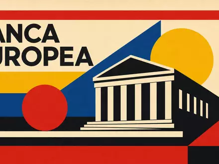 UniCredit IT0005239360 – Bauhaus-Poster mit geometrischen Banken-Symbolen und dem Text »BANCA EUROPEA« im konstruktivistischen Designstil - Foto: THN