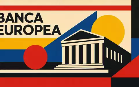 UniCredit IT0005239360 – Bauhaus-Poster mit geometrischen Banken-Symbolen und dem Text »BANCA EUROPEA« im konstruktivistischen Designstil - Foto: THN