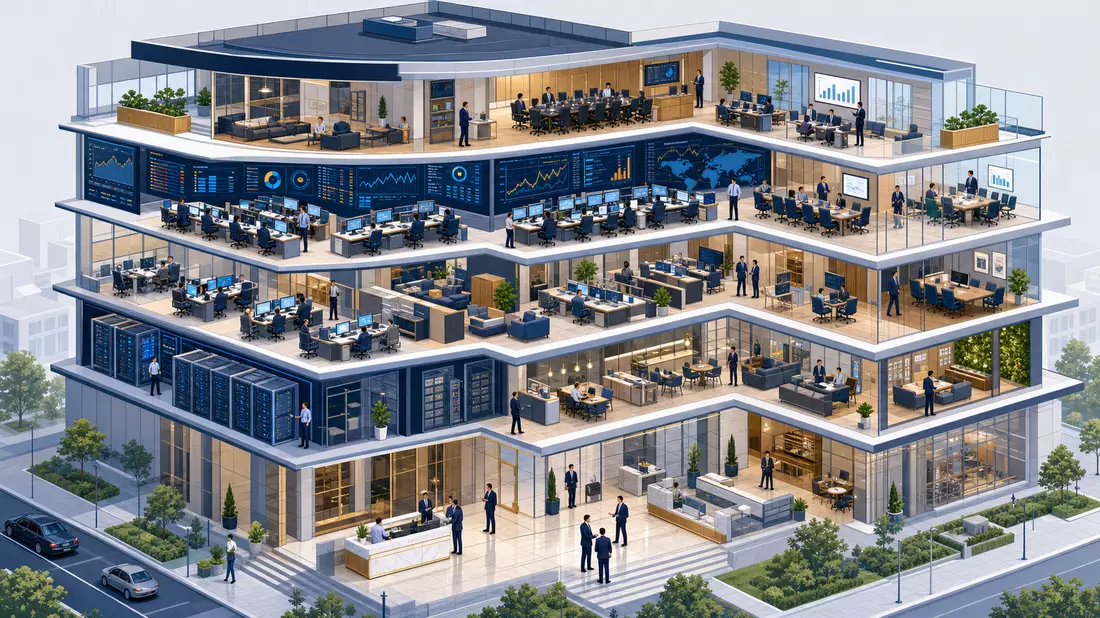 Isometrisches 3D-Cutaway einer Bankzentrale mit Trading-Floors und Büroetagen