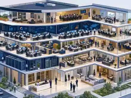 UniCredit IT0005239360 – isometrisches 3D-Schnittmodell einer Bankzentrale mit Trading-Räumen, Serverraum und Büros über mehrere Stockwerke - Foto: THN