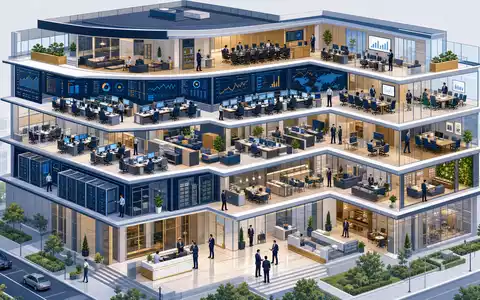 UniCredit IT0005239360 – isometrisches 3D-Schnittmodell einer Bankzentrale mit Trading-Räumen, Serverraum und Büros über mehrere Stockwerke - Foto: THN