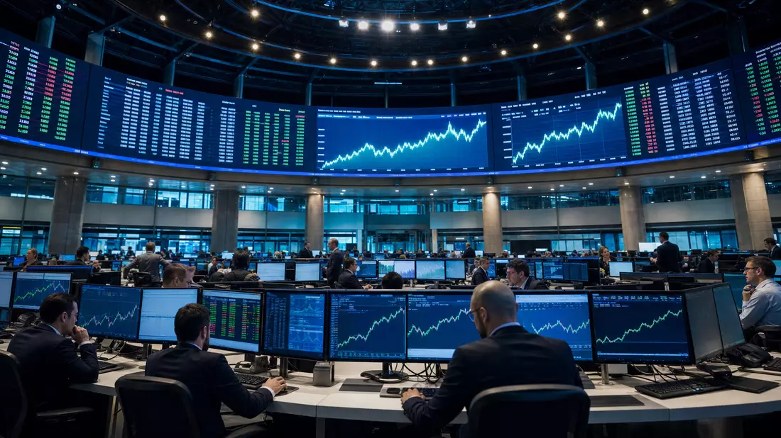 Editorial: Händler am Borsa Italiana Trading-Floor mit Kursmonitoren und Anzeigetafeln