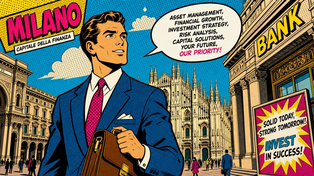 Pop-Art-Comic: Banker vor dem Mailänder Dom mit Halbtonpunkten und Sprechblase