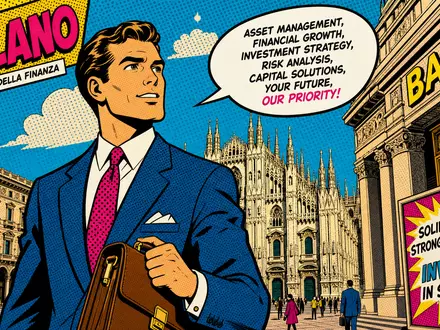 UniCredit IT0005239360 – Pop-Art-Comic eines Mailänder Bankers vor dem Duomo im Lichtenstein-Halbtonpunkt-Stil - Foto: THN