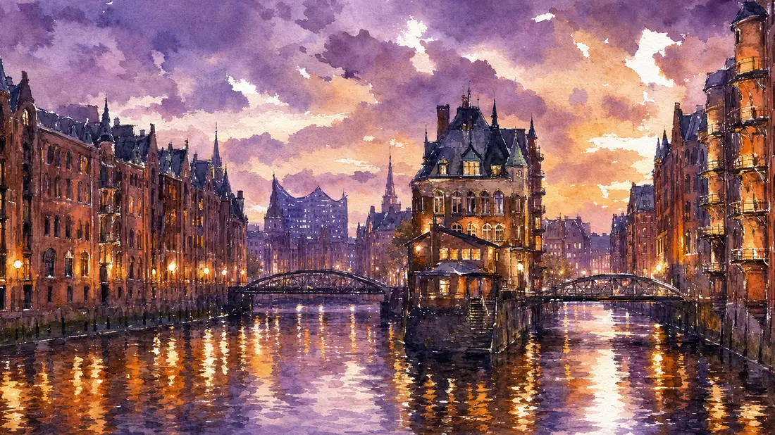 Aquarell-Illustration der Hamburger Speicherstadt mit Kanal-Reflexionen bei Abendlicht