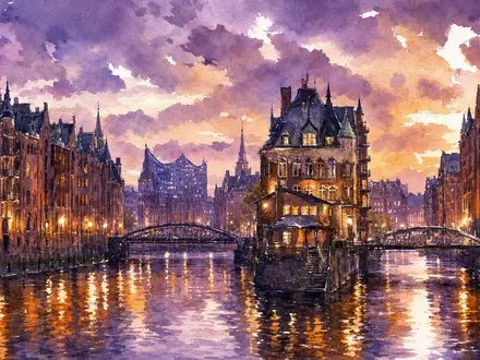 Expressives Aquarell der Hamburger Speicherstadt bei Abenddämmerung: Backsteinlager spiegeln sich im Kanal, violett-bernsteinfarbene Wäschen, sichtbare Pinselstriche - Foto: THN