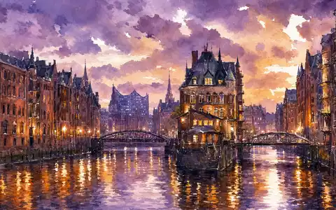 Expressives Aquarell der Hamburger Speicherstadt bei Abenddämmerung: Backsteinlager spiegeln sich im Kanal, violett-bernsteinfarbene Wäschen, sichtbare Pinselstriche - Foto: THN