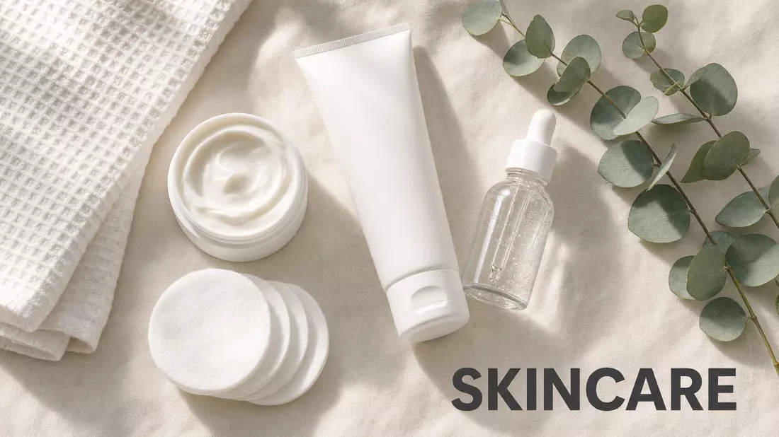 Flatlay-Anordnung weißer Hautpflegeprodukte ohne Markenzeichen auf weißem Leinen mit der Aufschrift SKINCARE