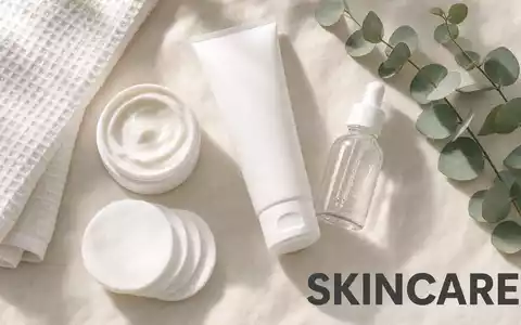 Top-down Flatlay auf weißem Leinenstoff: generische weiße Cremedose, Tube, Serumflasche, Wattepads, Handtuch, Eukalyptuszweig. Text SKINCARE am unteren Bildrand - Foto: THN