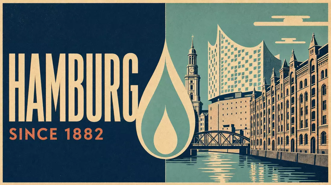 Bauhaus-Stilposter mit den Worten HAMBURG und 1882, geometrischem Tropfen und Stadtsilhouette