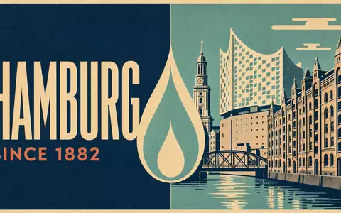 Geometrisches Bauhaus-Poster: dunkelblauer Hintergrund, stilisierter abstrakter Wassertropfen in Creme, blocksatzartige Schrift HAMBURG oben, 1882 unten, rote Horizontallinien - Foto: THN