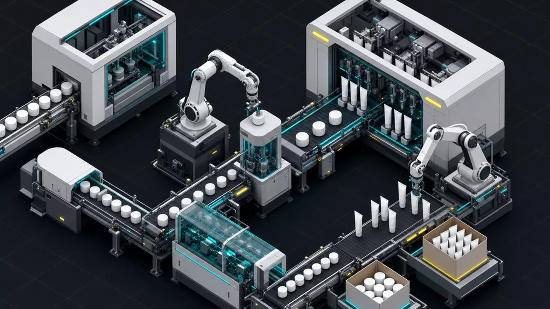Isometrischer 3D-Render einer automatisierten Fabrikhalle mit Förderbändern und weißen Verpackungen