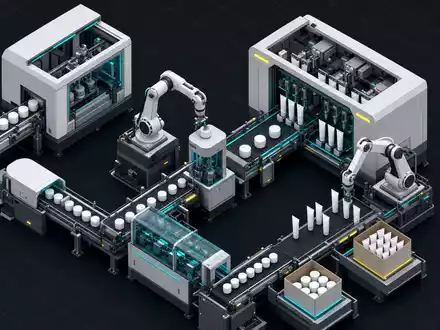 Isometrischer 3D-Render einer modernen Fabrikverpackungsanlage: Roboterarme platzieren weiße Cremedosen und Tuben auf Förderbändern, Teal-Neonlichter, technische Illustration - Foto: THN