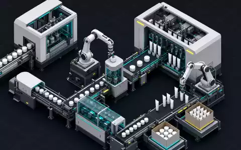 Isometrischer 3D-Render einer modernen Fabrikverpackungsanlage: Roboterarme platzieren weiße Cremedosen und Tuben auf Förderbändern, Teal-Neonlichter, technische Illustration - Foto: THN