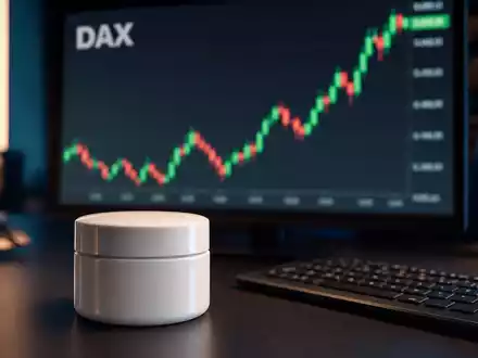 Finanz-Editorial: Weiße unbeschriftete Cremedose auf Handelstisch vor Monitor mit DAX-Candlestick-Chart, dramatisches Reimlicht, dunkles Studio-Ambiente - Foto: THN