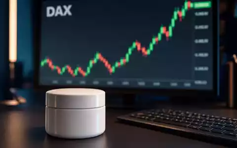 Finanz-Editorial: Weiße unbeschriftete Cremedose auf Handelstisch vor Monitor mit DAX-Candlestick-Chart, dramatisches Reimlicht, dunkles Studio-Ambiente - Foto: THN
