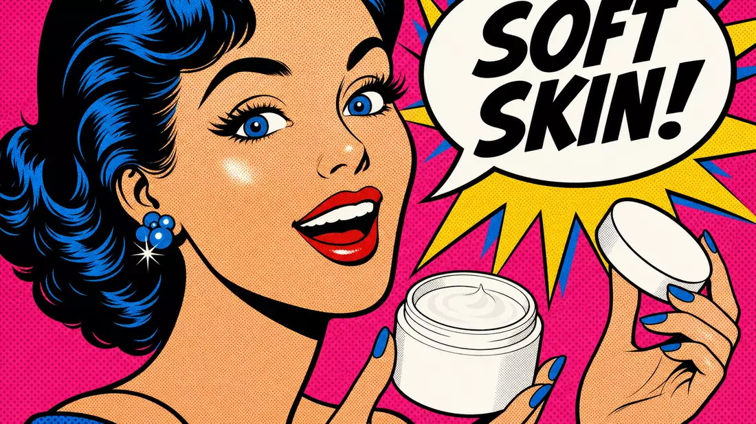 Pop-Art-Comic-Illustration einer Frau mit Sprechblase SOFT SKIN! und weißem Cremetiegel