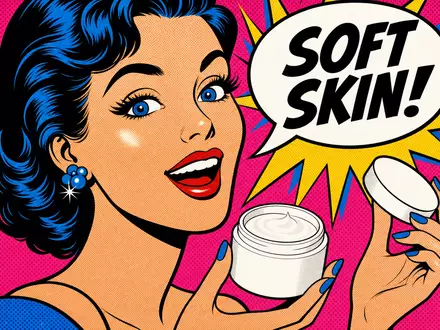 Roy-Lichtenstein-inspirierte Pop-Art-Illustration: glamouröse Frau mit glänzender Haut hält geöffneten weißen, unbeschrifteten Cremetiegel, Sprechblase mit SOFT SKIN!, Ben-Day-Rasterpunkte, Hot-Pink-Hintergrund - Foto: THN