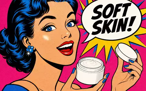Roy-Lichtenstein-inspirierte Pop-Art-Illustration: glamouröse Frau mit glänzender Haut hält geöffneten weißen, unbeschrifteten Cremetiegel, Sprechblase mit SOFT SKIN!, Ben-Day-Rasterpunkte, Hot-Pink-Hintergrund - Foto: THN