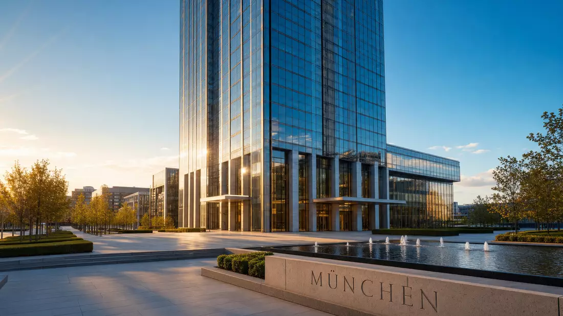 Modernes Hochhaus-Headquarter in München mit Glasfassade und Brunnen bei Abendsonne
