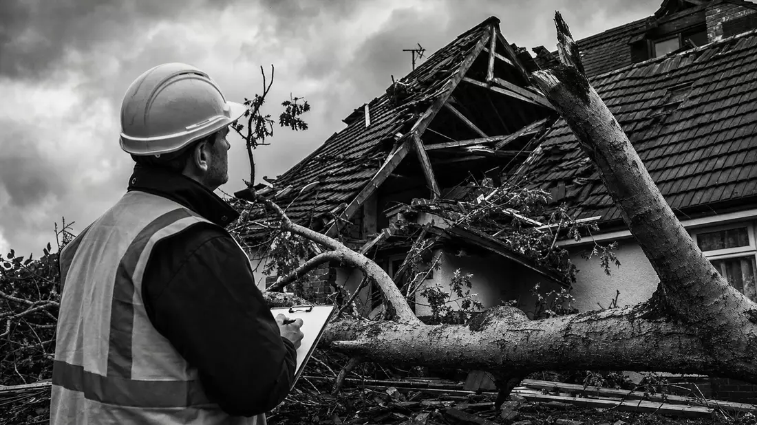 SW-Reportage: Sachverständiger mit Klemmbrett vor sturmgeschädigtem Haus mit gefallenem Baum