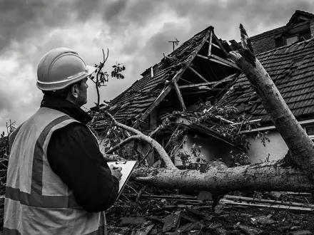 Schwarzweiß-Dokumentarfoto eines Versicherungssachverständigen mit Schutzhelm, der Sturmschäden an einem Wohnhaus mit eingestürztem Dach und gefallenem Baum begutachtet. Kontrastreiche 35-mm-Körnung. Allianz SE (DE0008404005) - Foto: THN