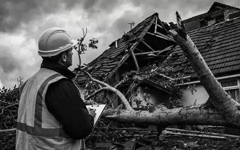 Schwarzweiß-Dokumentarfoto eines Versicherungssachverständigen mit Schutzhelm, der Sturmschäden an einem Wohnhaus mit eingestürztem Dach und gefallenem Baum begutachtet. Kontrastreiche 35-mm-Körnung. Allianz SE (DE0008404005) - Foto: THN