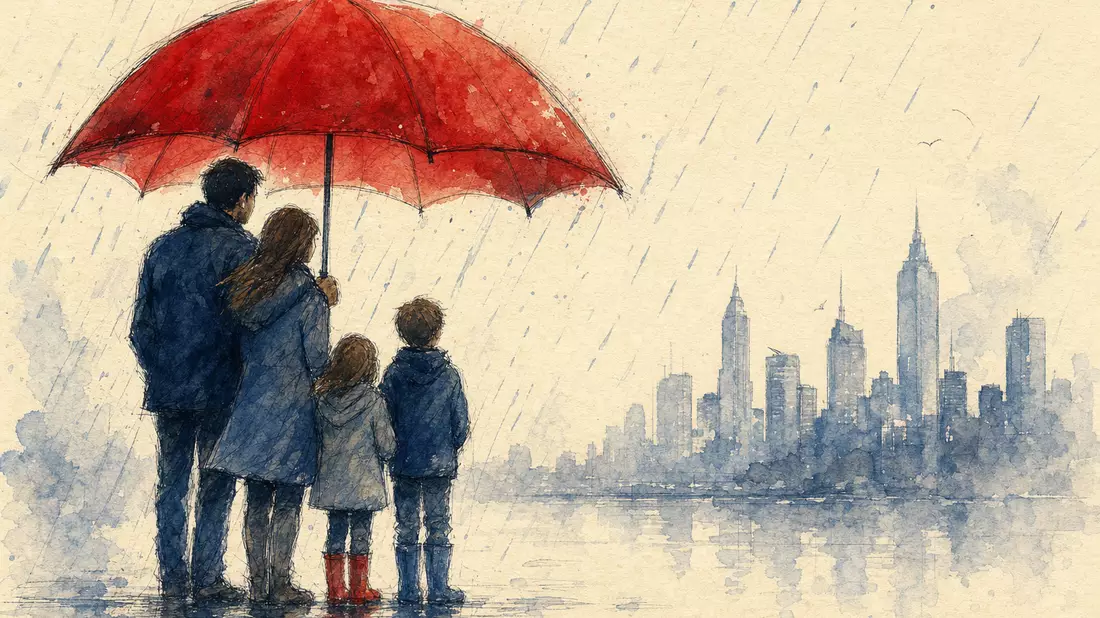 Aquarell-Illustration einer Familie unter blau-goldenem Regenschirm im Regen
