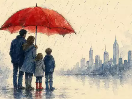 Zartes Aquarell einer Familie unter einem großen aufgespannten Regenschirm im Regen. Lockere Pinselstrokes in Indigo und Cyanblau mit goldgelben Akzenten. Schutz-Metapher für Allianz SE (DE0008404005) - Foto: THN