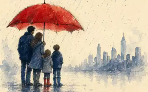 Zartes Aquarell einer Familie unter einem großen aufgespannten Regenschirm im Regen. Lockere Pinselstrokes in Indigo und Cyanblau mit goldgelben Akzenten. Schutz-Metapher für Allianz SE (DE0008404005) - Foto: THN