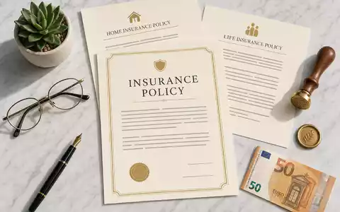 Draufsicht-Flatlay auf weißem Marmor: Versicherungspolicen, Füllfederhalter, Lesebrille, Sukkulente, Siegelstempel, Euro-Schein. Natürliches Seitenlicht, Elfenbein-Gold-Palette. Allianz SE (DE0008404005) - Foto: THN