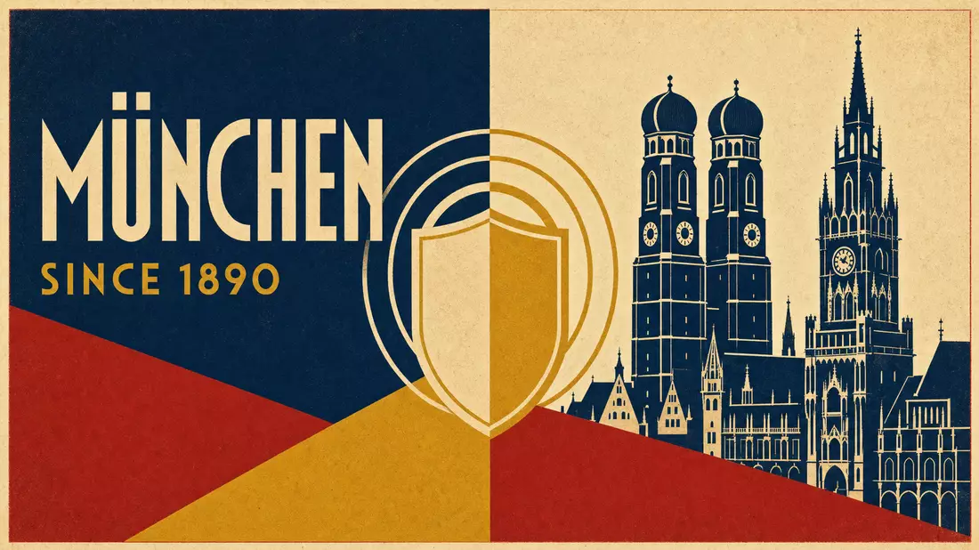 Bauhaus-Plakat mit geometrischem Schutzschild, Aufschrift MÜNCHEN SINCE 1890 in Ocker und Navy