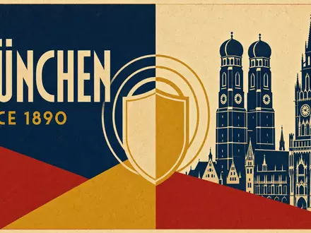 Bauhaus- und Art-DĂ©co-Plakat in Navy, Ocker und Zinnoberrot. Zentrales Motiv: stilisiertes Schutzschild aus konzentrischen Bögen; Schlagzeile âMĂNCHENâ, Subtext âSINCE 1890â in Futura. Allianz SE (DE0008404005) - Foto: THN