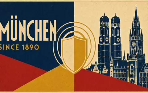 Bauhaus- und Art-Déco-Plakat in Navy, Ocker und Zinnoberrot. Zentrales Motiv: stilisiertes Schutzschild aus konzentrischen Bögen; Schlagzeile „MÜNCHEN”, Subtext „SINCE 1890” in Futura. Allianz SE (DE0008404005) - Foto: THN