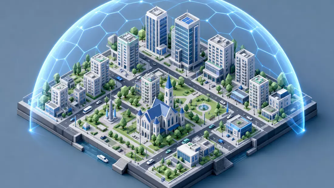 Isometrische 3D-Stadt unter blauer Schutzschild-Kuppel mit Netz-Energie-Linien