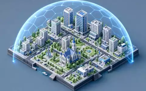 Isometrischer 3D-Render einer europäischen Miniaturstadt mit Bürotürmen, Kirche und Parks, überspannt von einer transluzenten blauen Schutzkuppel. Low-Poly, kühles Blau-Weiß mit Mint-Highlights. Allianz SE (DE0008404005) - Foto: THN