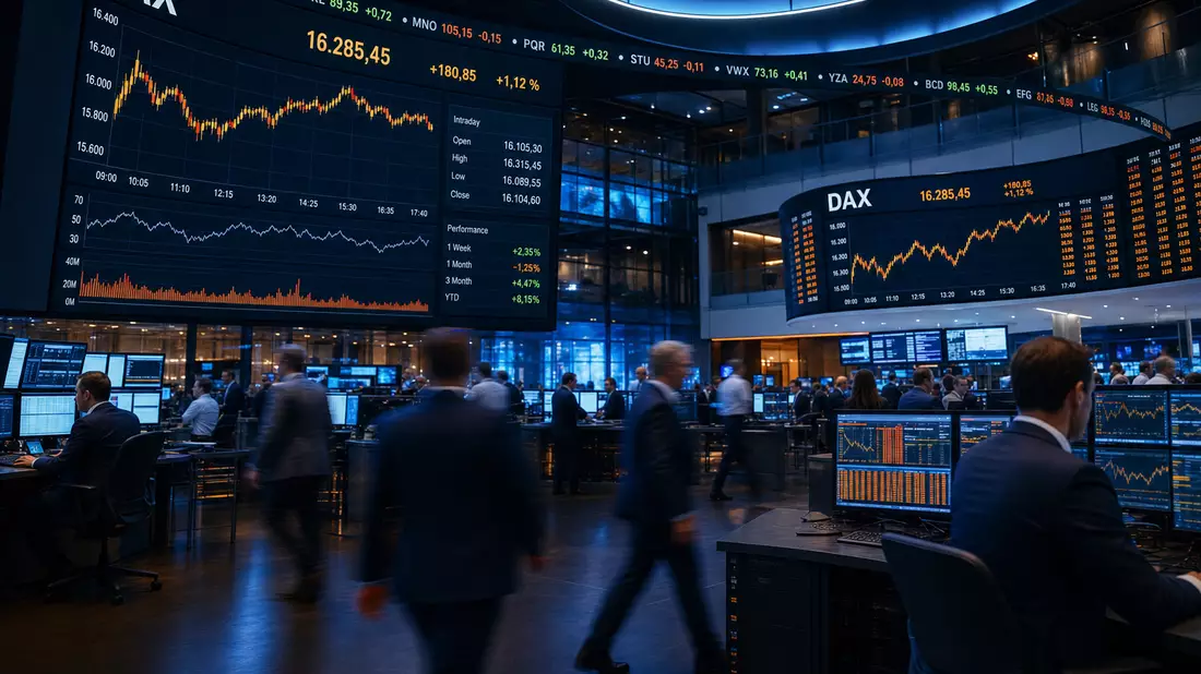 Trading-Floor mit DAX-Kursanzeige auf Großbildschirmen und Händlern in Bewegung