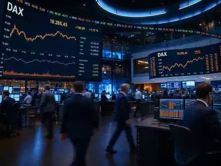 Editorial-Reportagefoto eines modernen Trading-Floors mit Curved-Screens, DAX-Kurs und Kerzencharts. Händler in Geschäftskleidung mit Bewegungsunschärfe. Tiefblaues Ambient mit warmem Bildschirmglühen. Allianz SE (DE0008404005) - Foto: THN