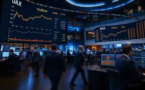 Editorial-Reportagefoto eines modernen Trading-Floors mit Curved-Screens, DAX-Kurs und Kerzencharts. Händler in Geschäftskleidung mit Bewegungsunschärfe. Tiefblaues Ambient mit warmem Bildschirmglühen. Allianz SE (DE0008404005) - Foto: THN
